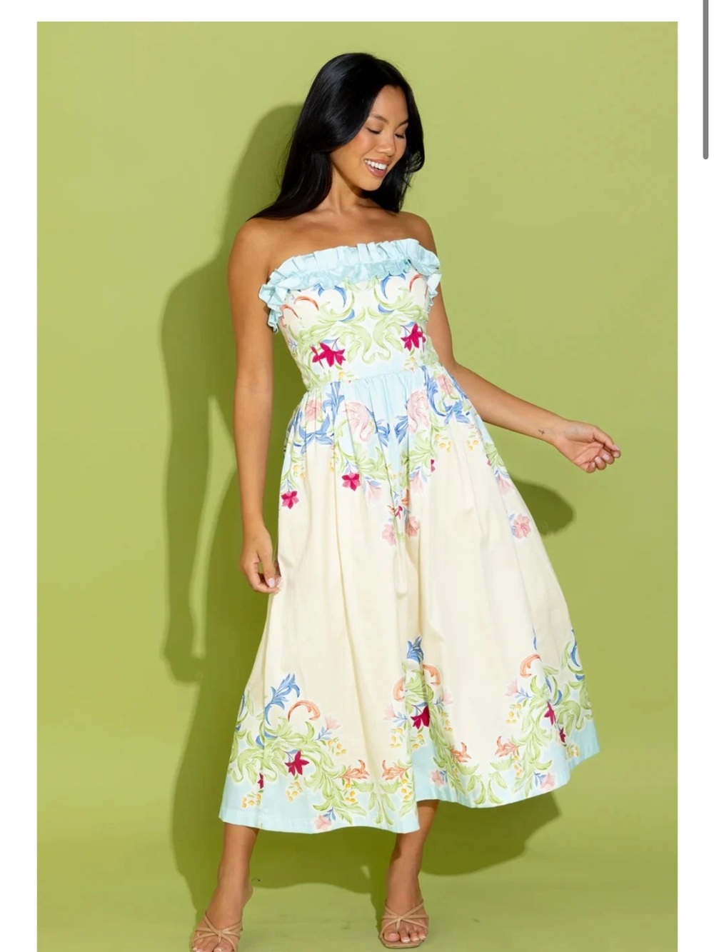 Strapless Cream Floral Midi Dress with Pastel Accents